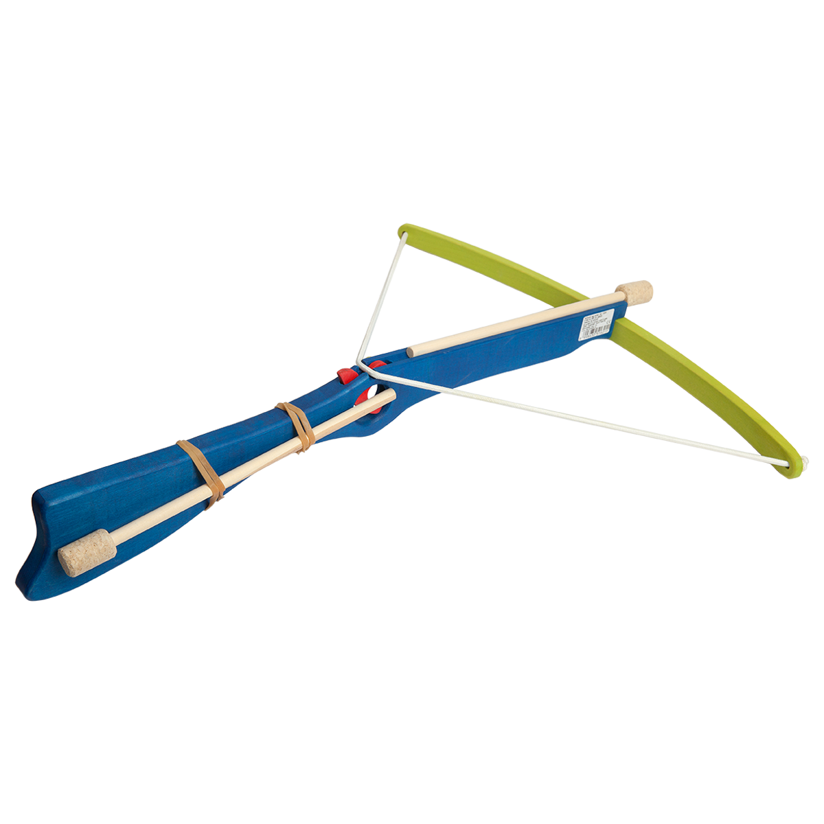 Blue wooden toy crossbow with cork arrows