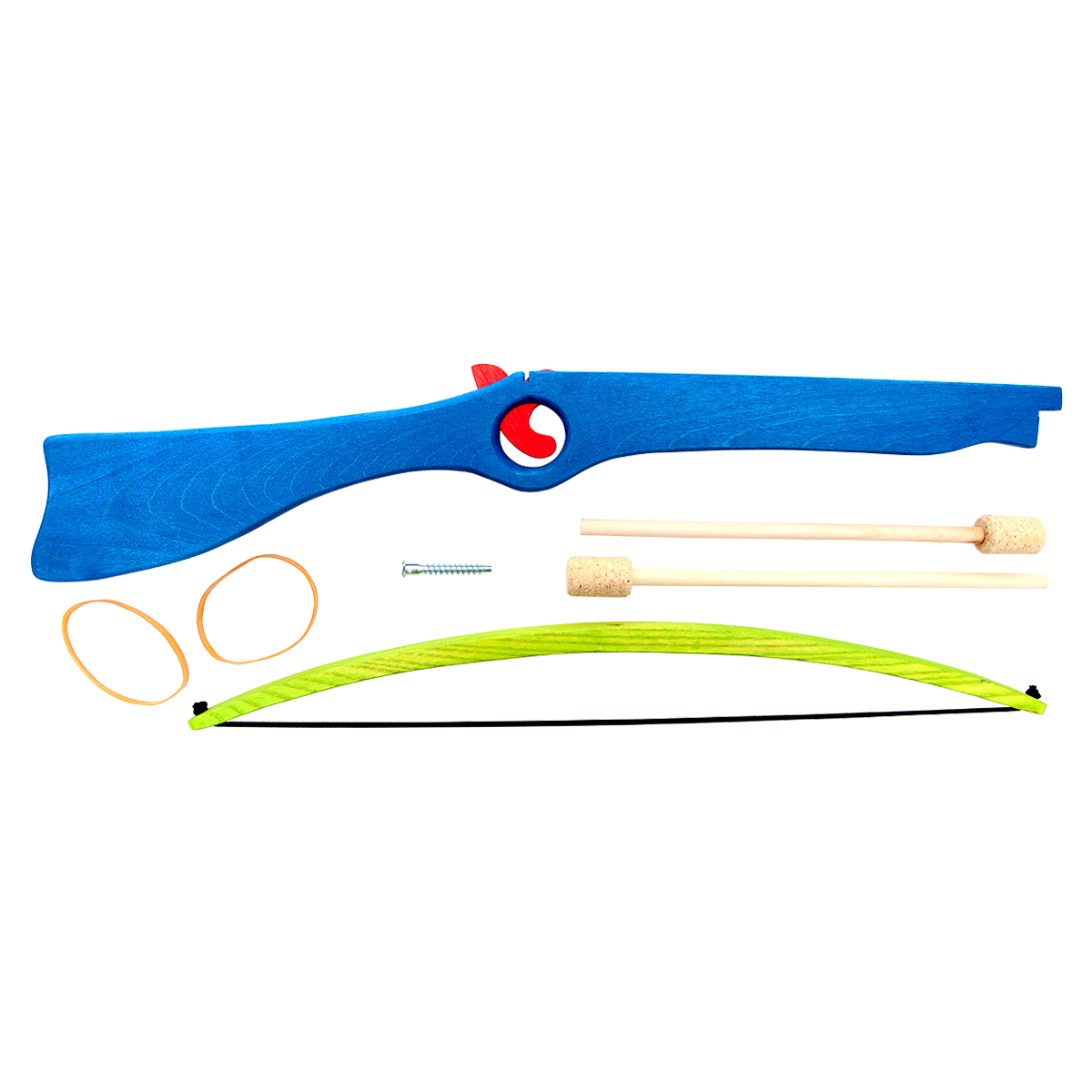 Different components and parts of our blue wooden toy crossbow with cork arrows