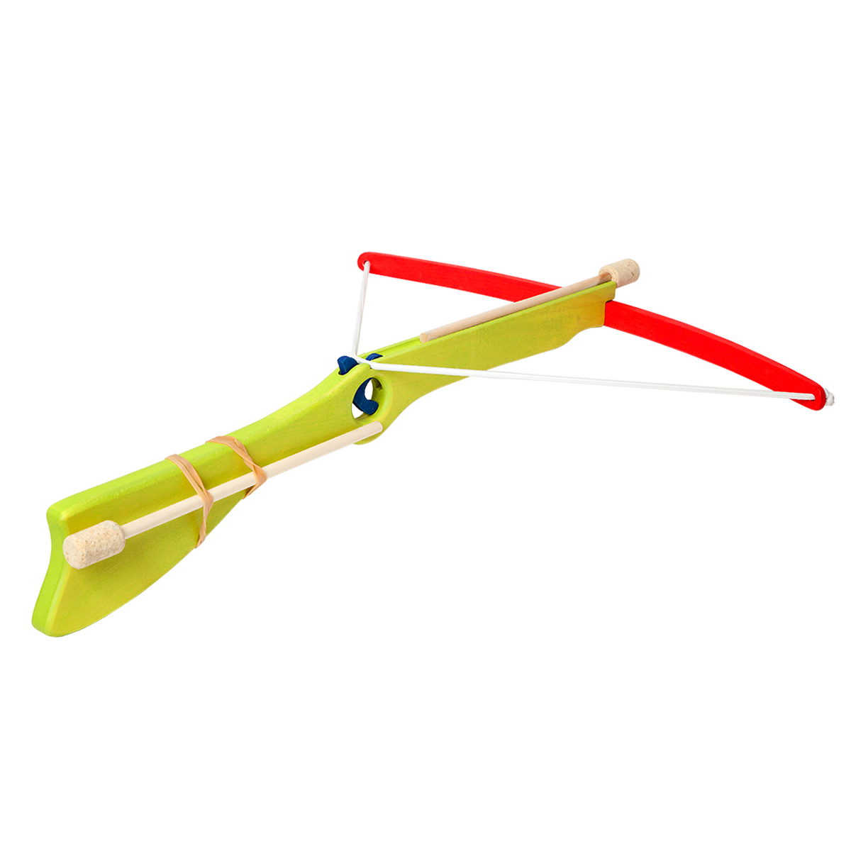 Green wooden toy crossbow with cork arrows
