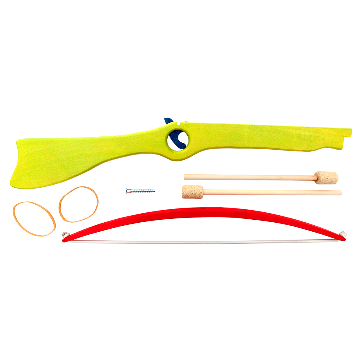 Different components and parts of our green wooden toy crossbow with cork arrows