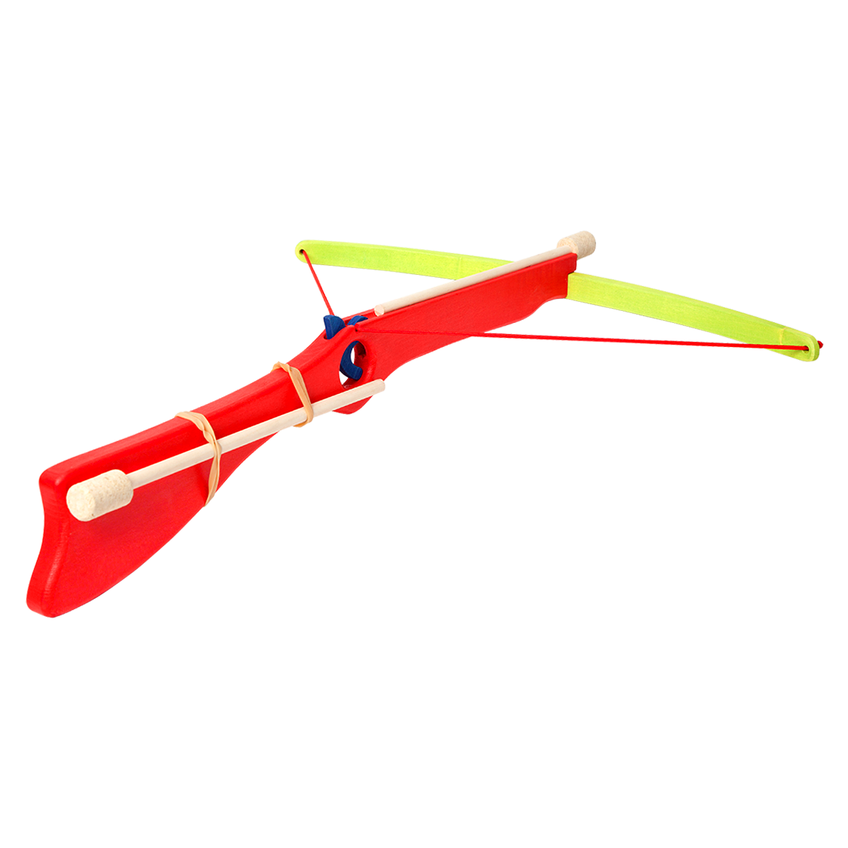 Red wooden toy crossbow with cork arrows