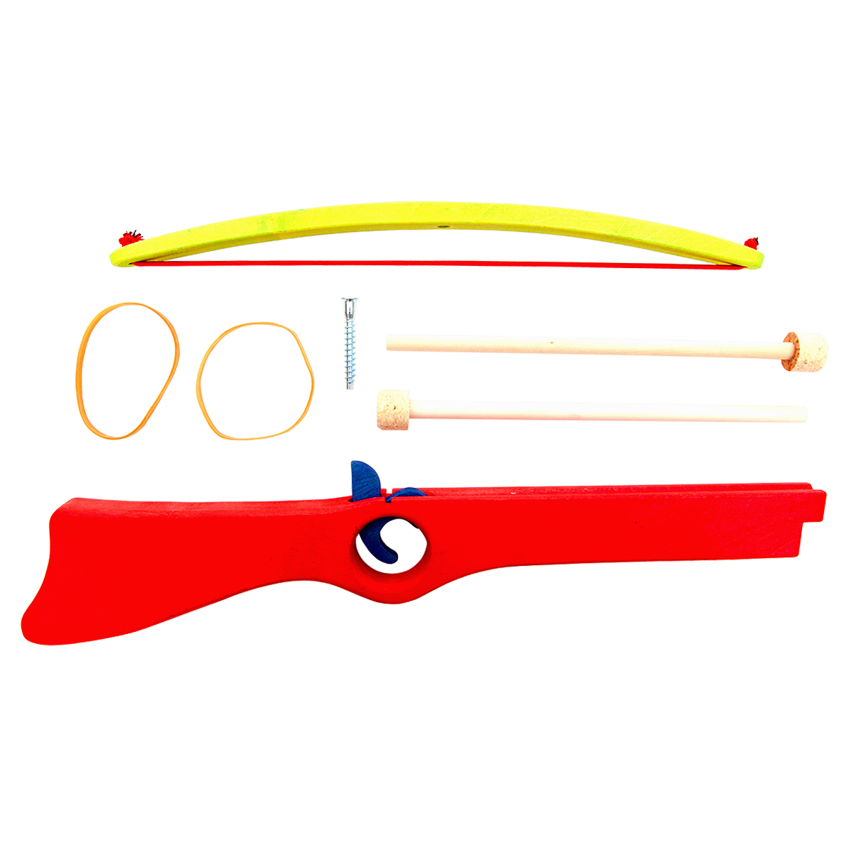 Different components and parts of our red wooden toy crossbow with cork arrows