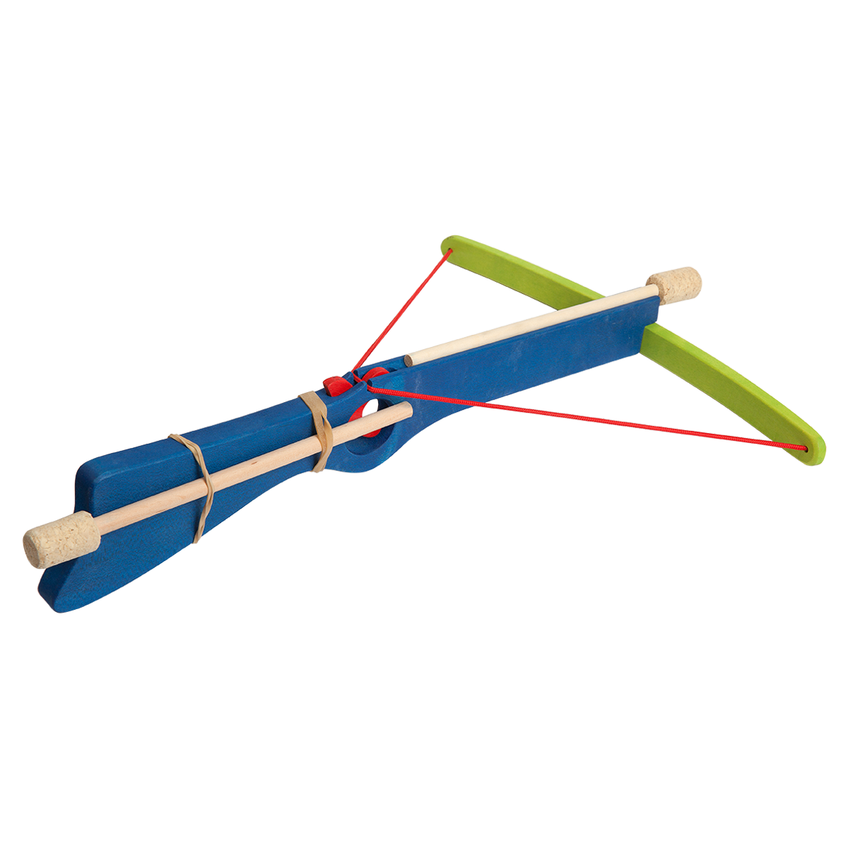 Blue wooden toy crossbow with mounted cork arrow