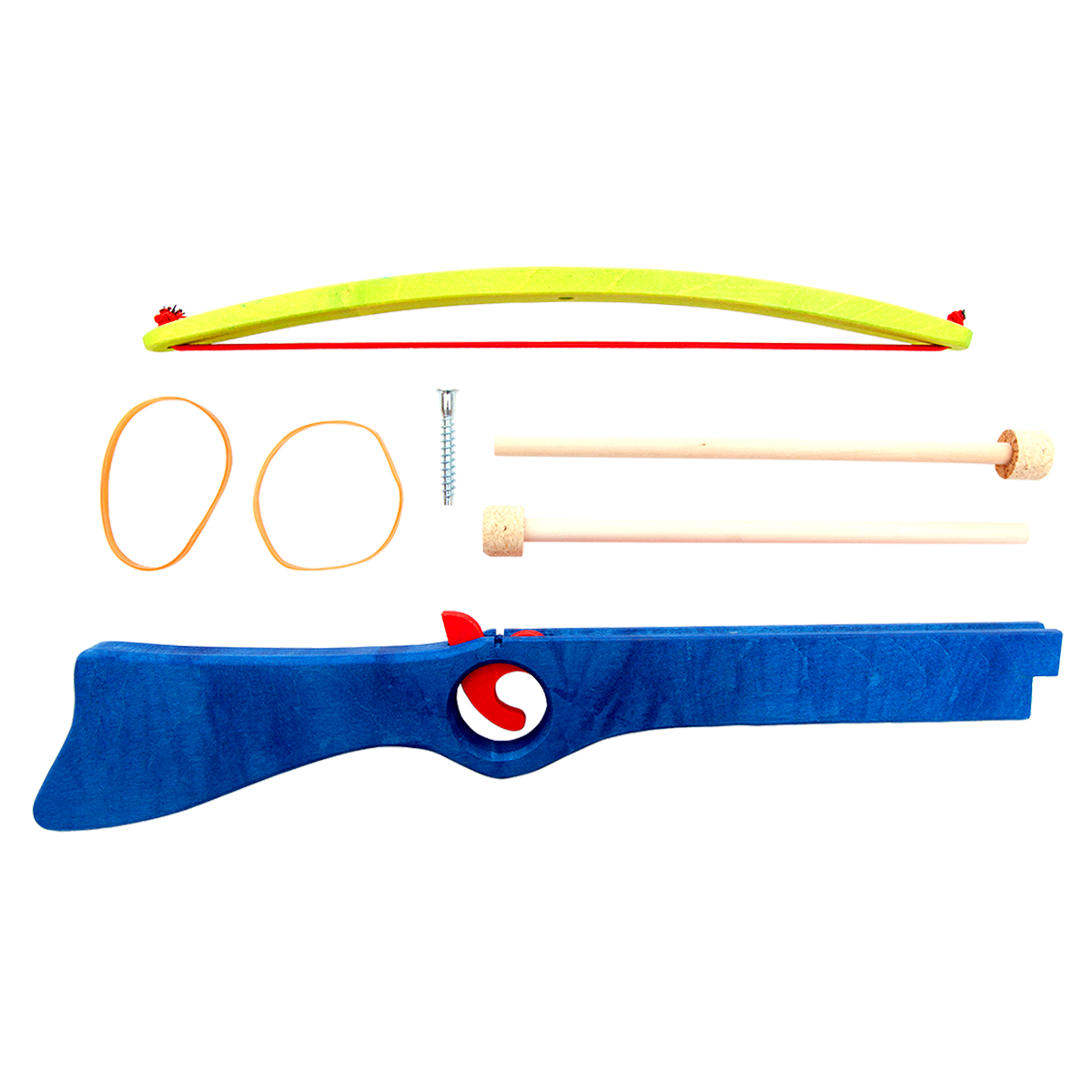 Different components of wooden blue cork crossbow toy