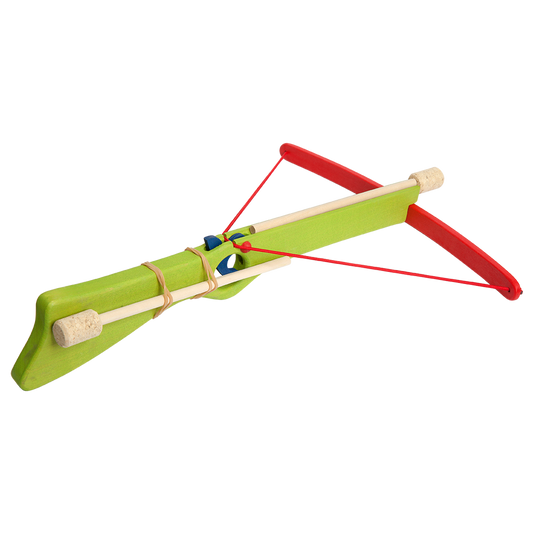 Green wooden toy crossbow with mounted arrow