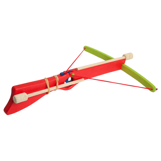 Red wooden toy crossbow with mounted cork arrow