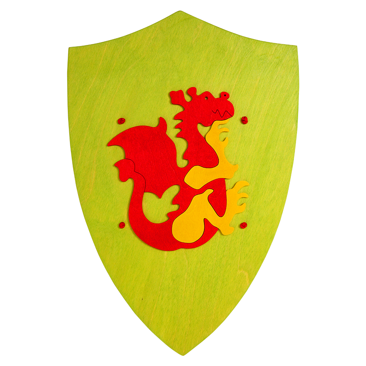 wooden toy shield in luminous green with red dragon