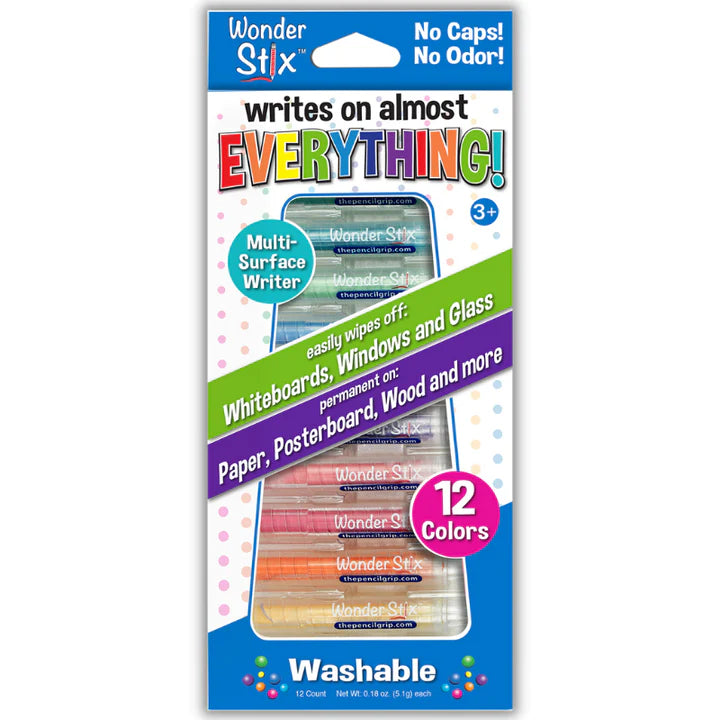 Multi-surface markers wonder stix that are washable in a set of 12