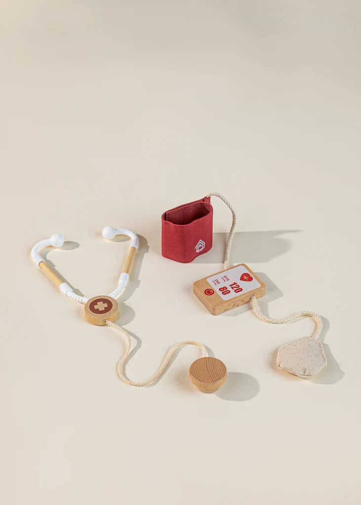 Stethoscope and blood pressure cuff from wooden playset Cocovillage