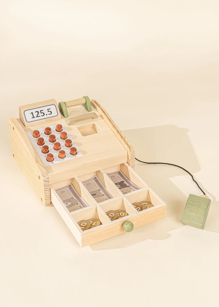 wooden cash register toy with open drawers