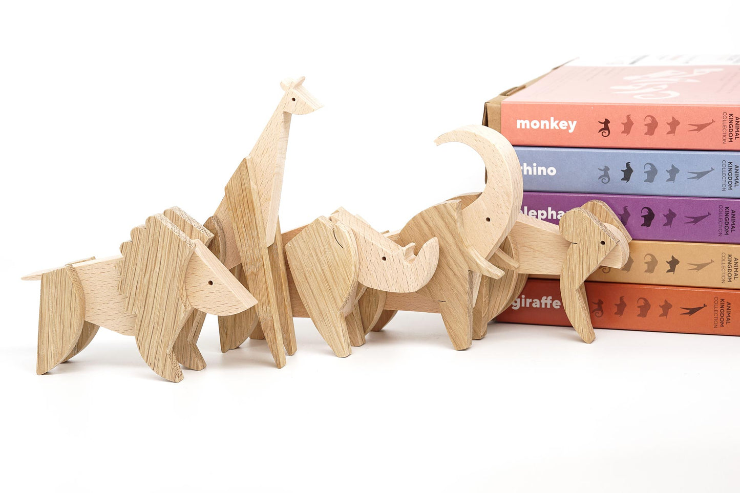 ESNAF magnetic wooden toy animals assembled from various shapes and forms- set of 5 with elephant, monkey, rhinoceros, lion and giraffe