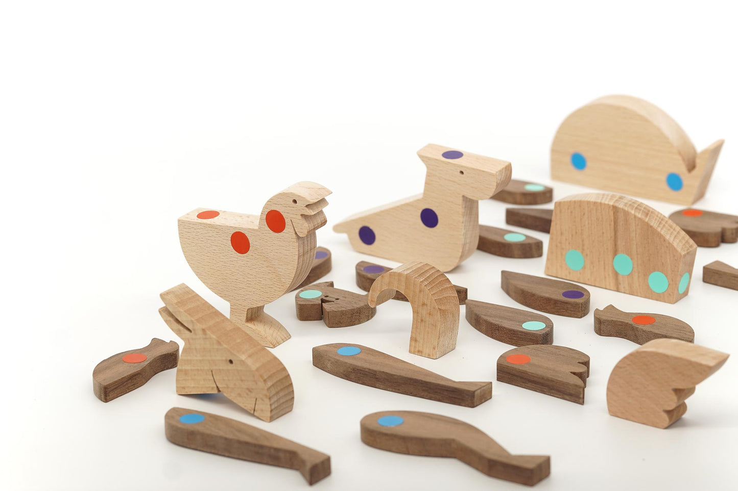pieces of magnets in a set of magnetic wooden toy with dog, cat, rooster and donkey