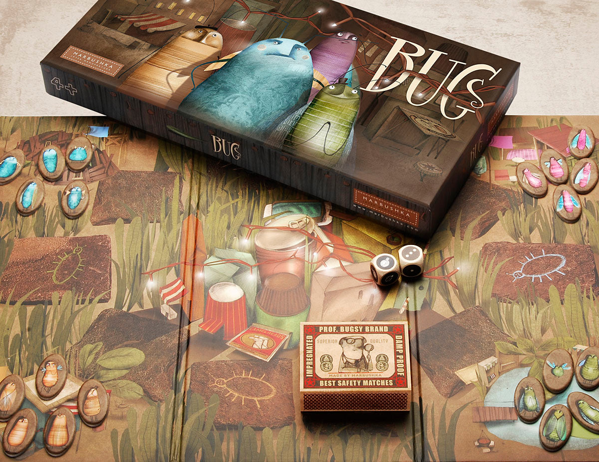 Bugs board game for kids with game board and dice