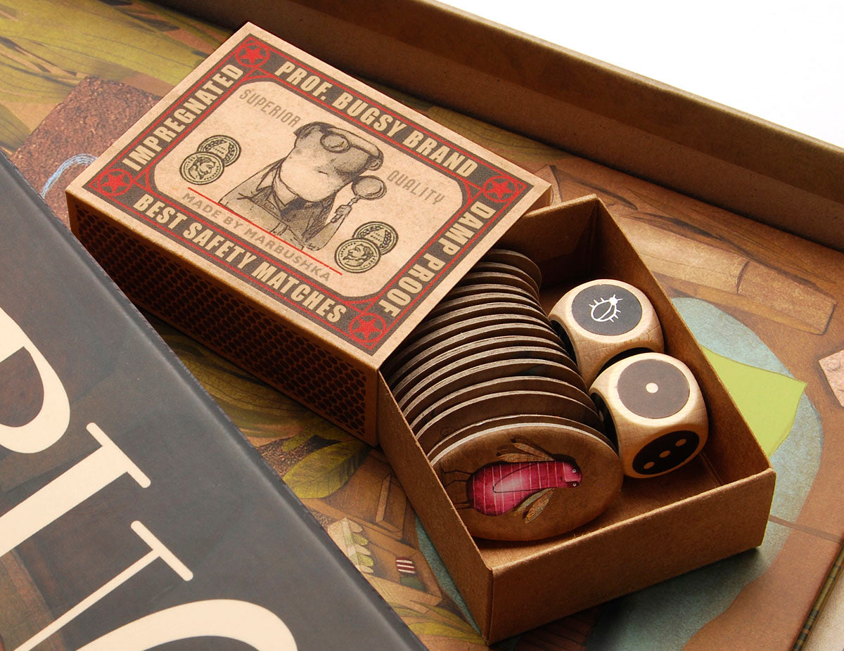 Bugs board game for kids with tokens and dice in a box
