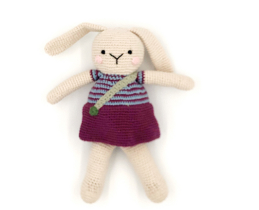 Hand-knitted bunny soft toy with purple striped shirt from Pebblechild