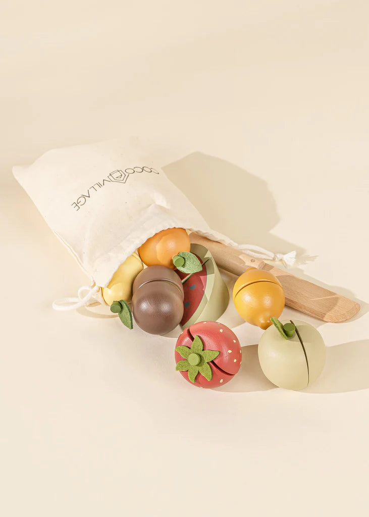 bag with wooden fruits and knife from Cocovillage