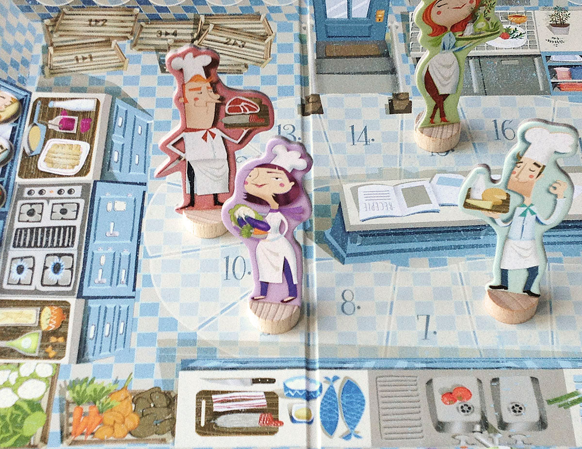 Chefs board game with game board featuring numbered steps and ingredients- fish, carrot, potatoes