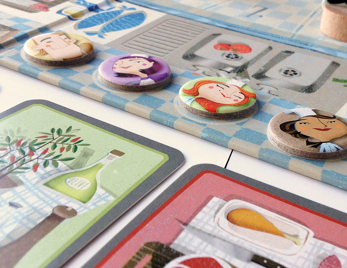 Chefs board game with game tokens, up close