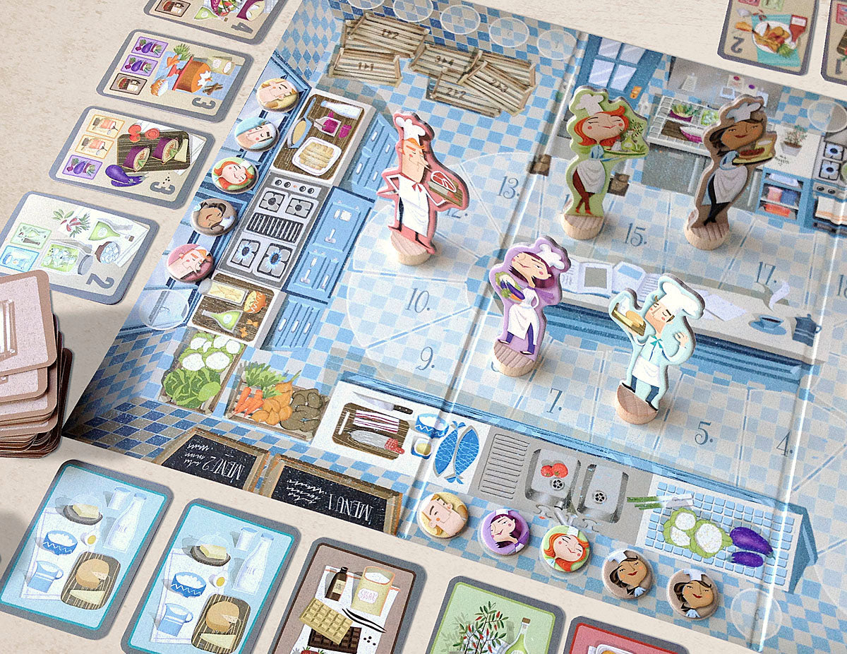 Chefs board game with game figurines and cards and numbered steps