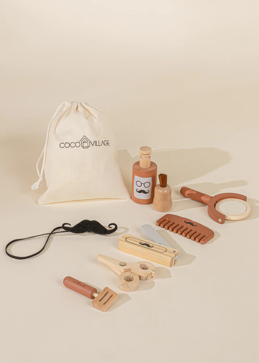 Wooden barber playset from Cocovillage with mirror, comb, scissors, shaver and moustache