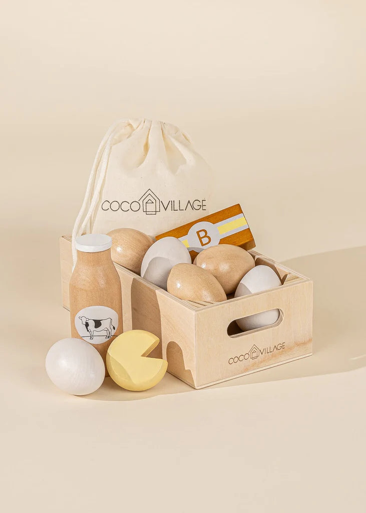 Cocovillage wooden dairy playset with eggs milk and cheese.