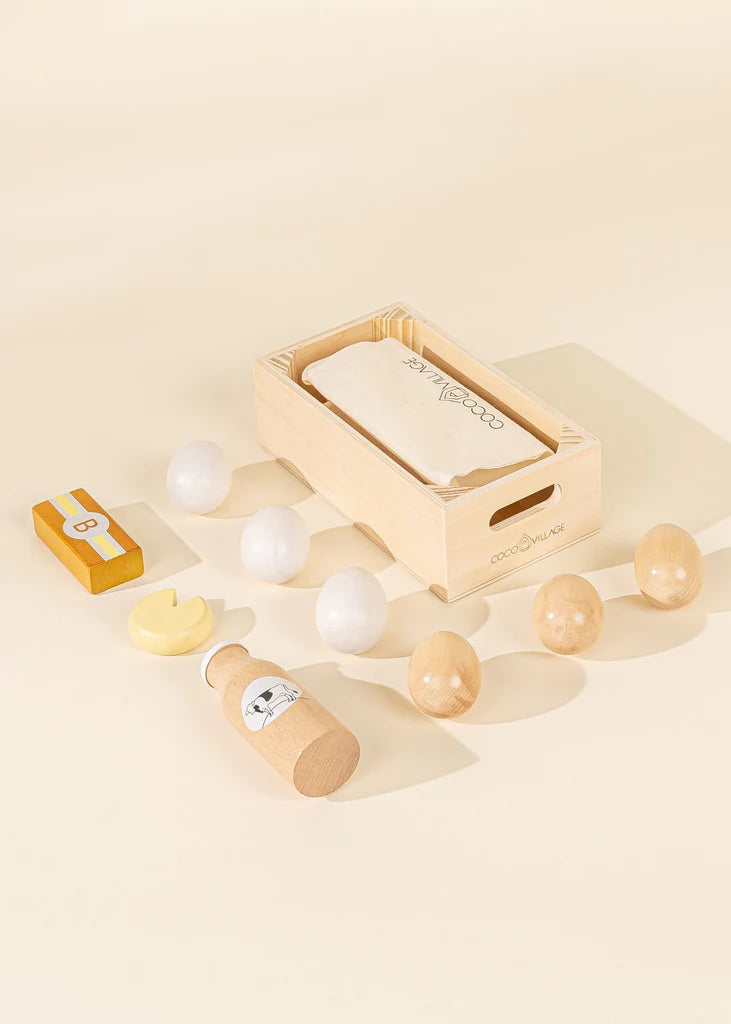 Wooden dairy playset with eggs and milk and cheese!