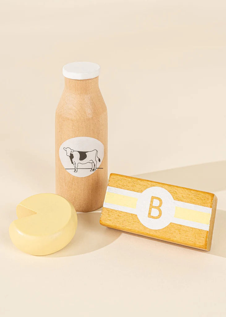 Wooden butter milk and cheese in dairy playset
