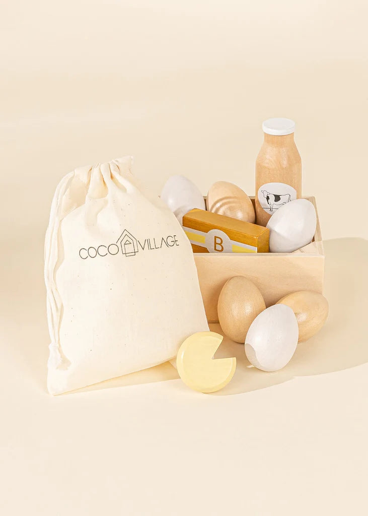 Wooden dairy playset with eggs, bag, milk and butter and cheese