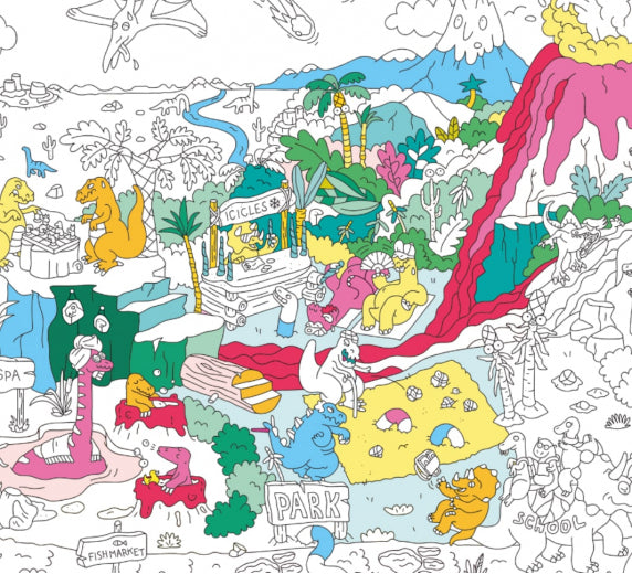 Half finished giant colouring poster with dinosaurs