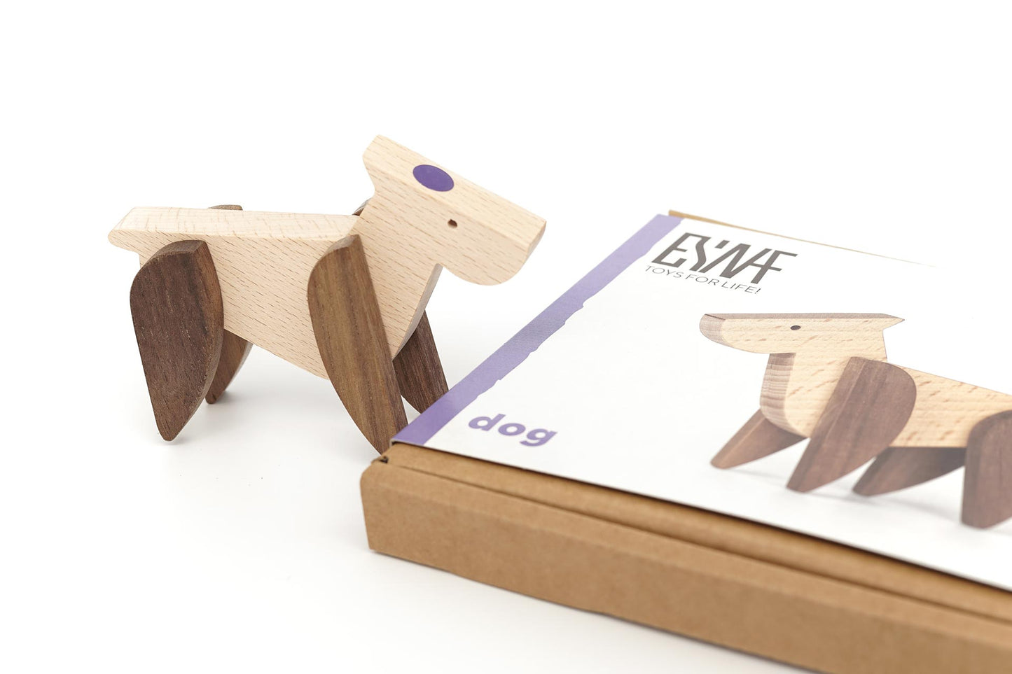 Magnetic wooden toy dog and box packaging