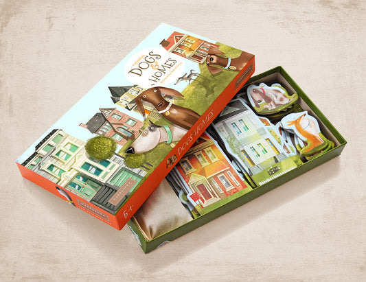 Dogs and homes board game for kids: cover featuring 4 collared dogs, green lawns and 4 houses