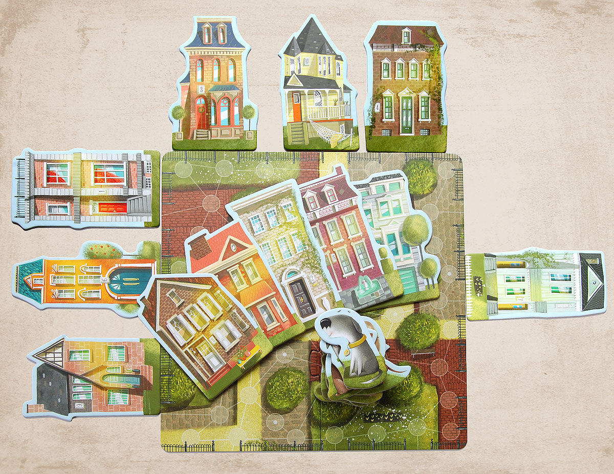 Dog and homes: cards of houses and dogs on game board