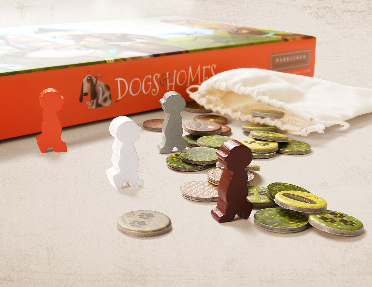 dogs and homes baord game with human figures and round tokens