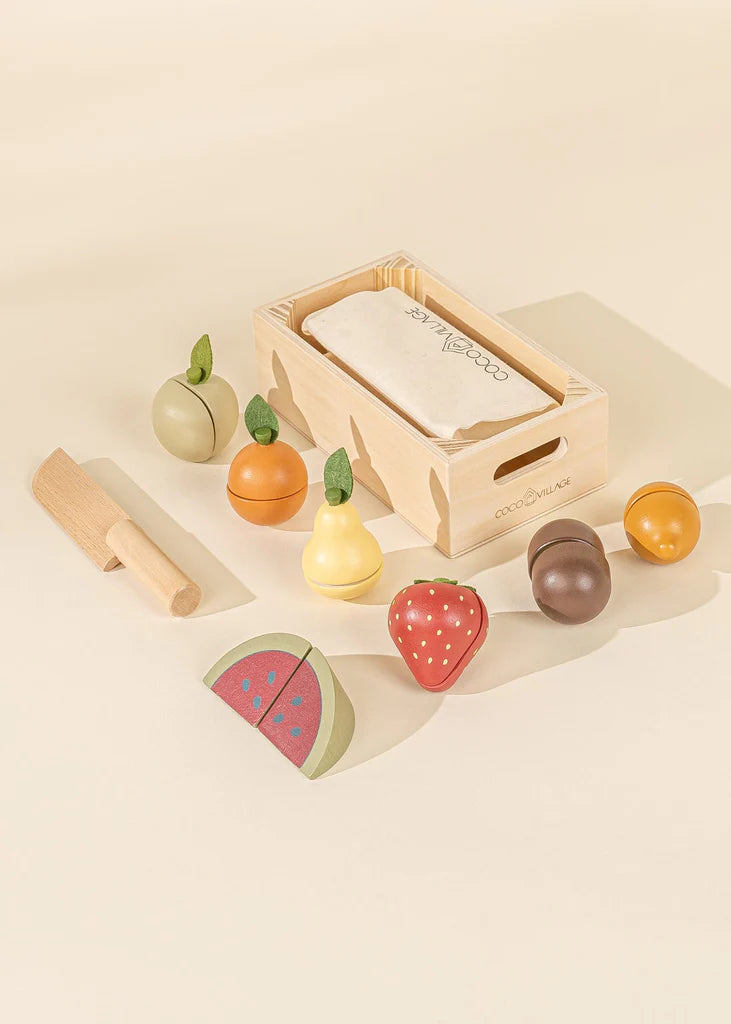 Cocovillage wooden fruit playset with 7 fruits and knife