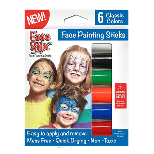 Face paint sticks in 6 colours with packaging, easy to apply and non-toxic