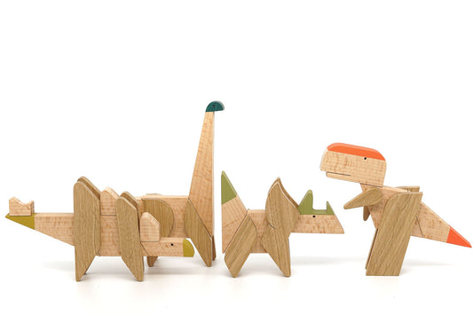 magnetic wooden toy dinosaurs T.Rex, Brachiosaurus, Triceraops, Stegosaurus