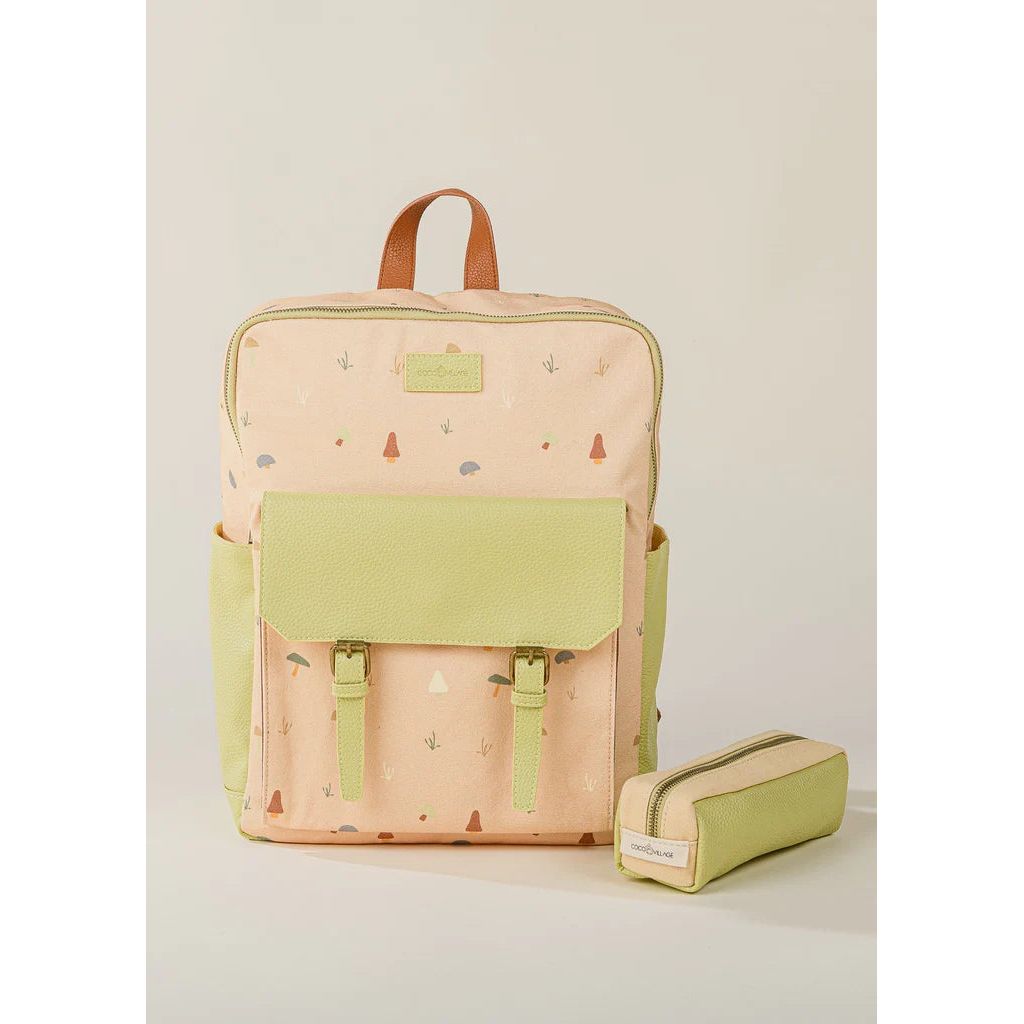 Green and beige Girole Cocovillage children backpack and pencilcase