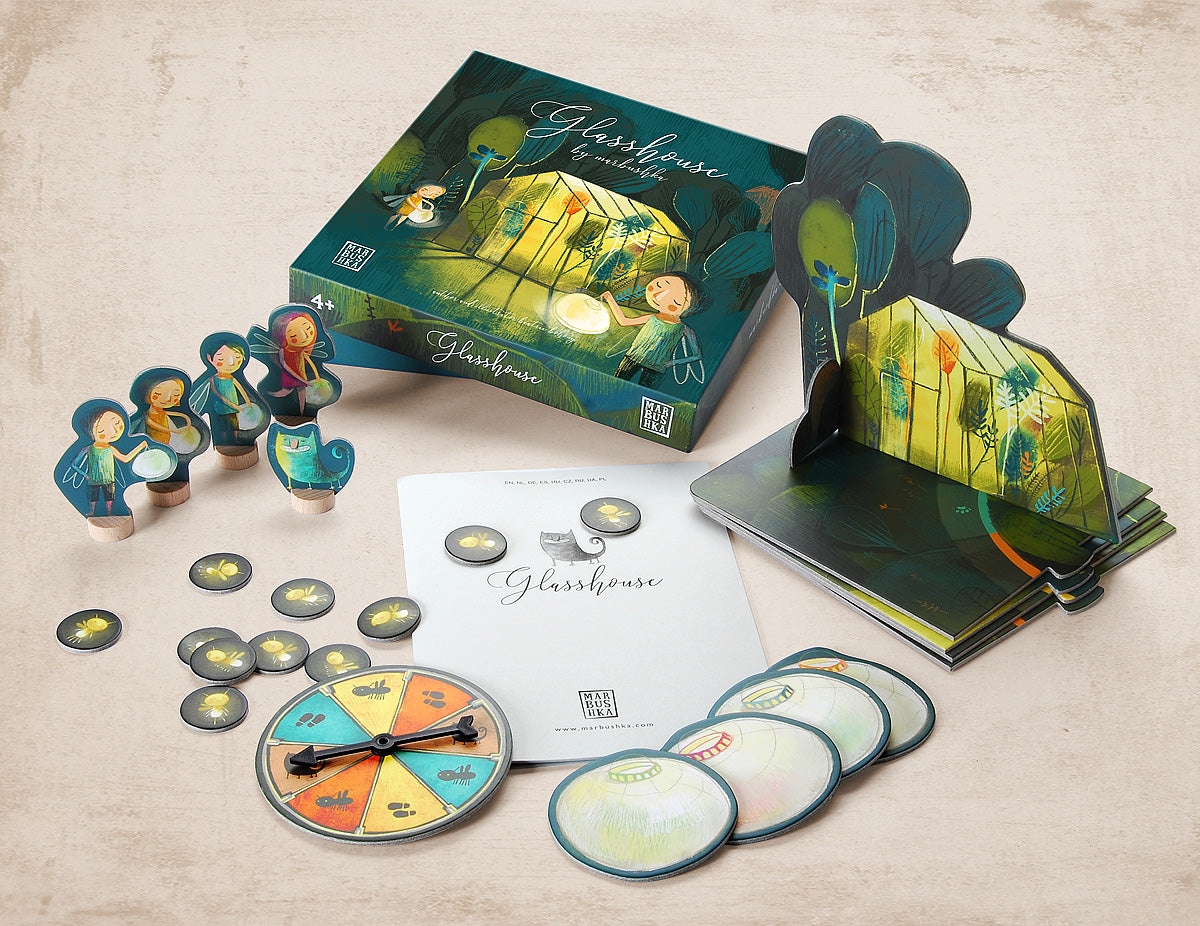 glasshouse board game: with spinnng wheel, tokens and pieces.