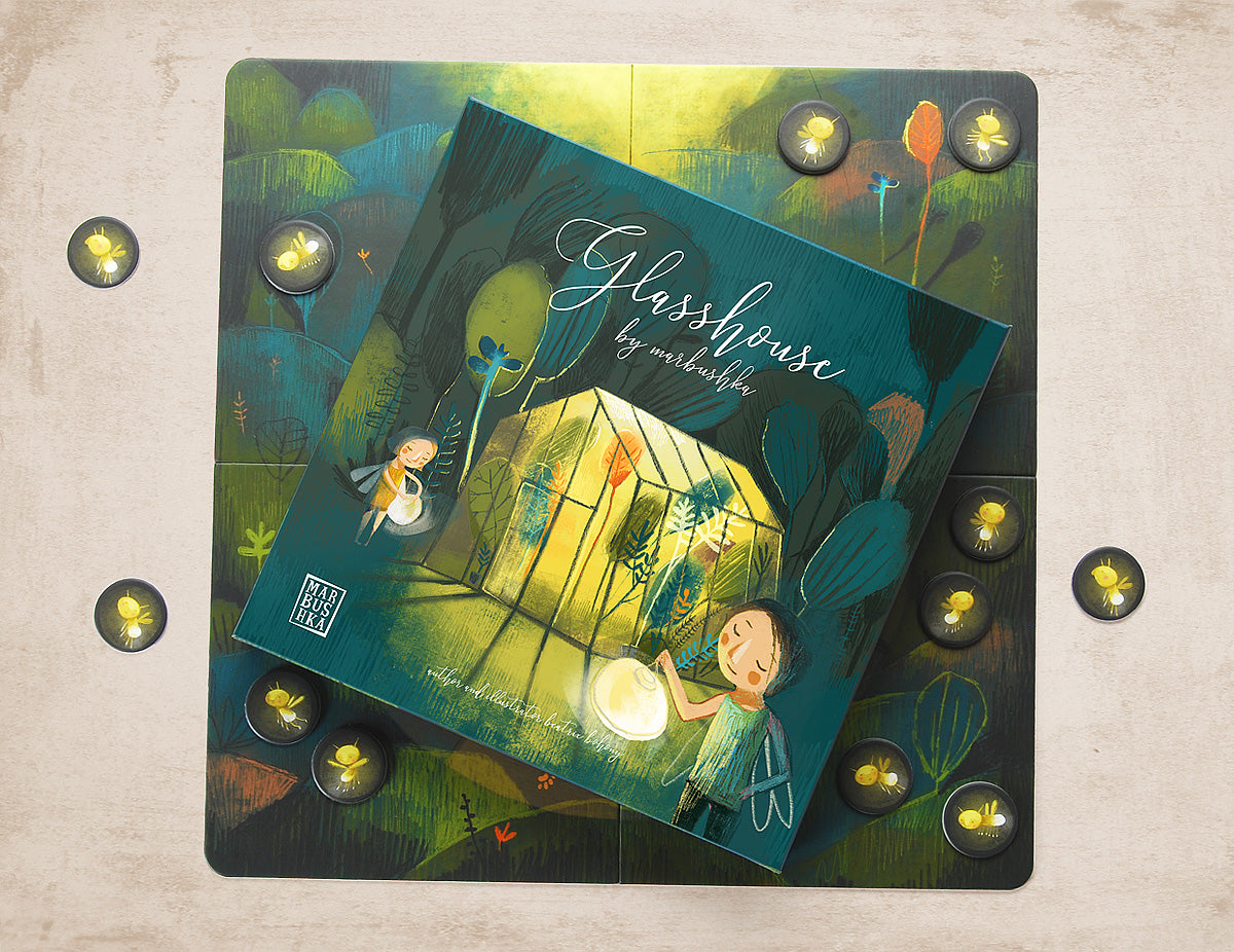 The glasshouse board game for children, cover featuiring illuminated glasshouse and 2 fairies with lanterns