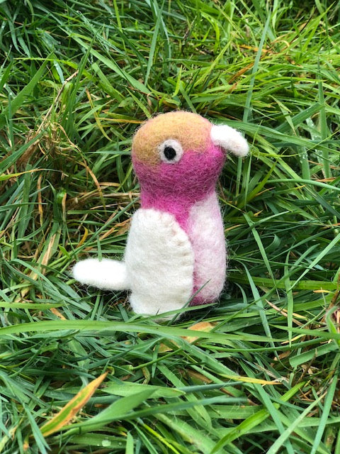 Galah bird felted toy in the form of a finger puppet, in pink and white