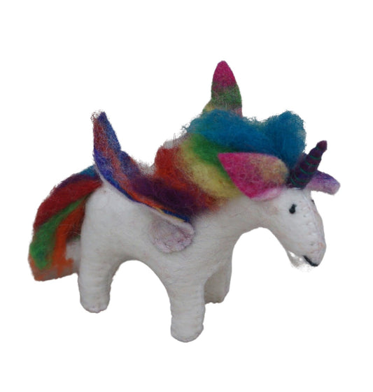 A felted unicorn soft toy with rainbow coloured mane and wings