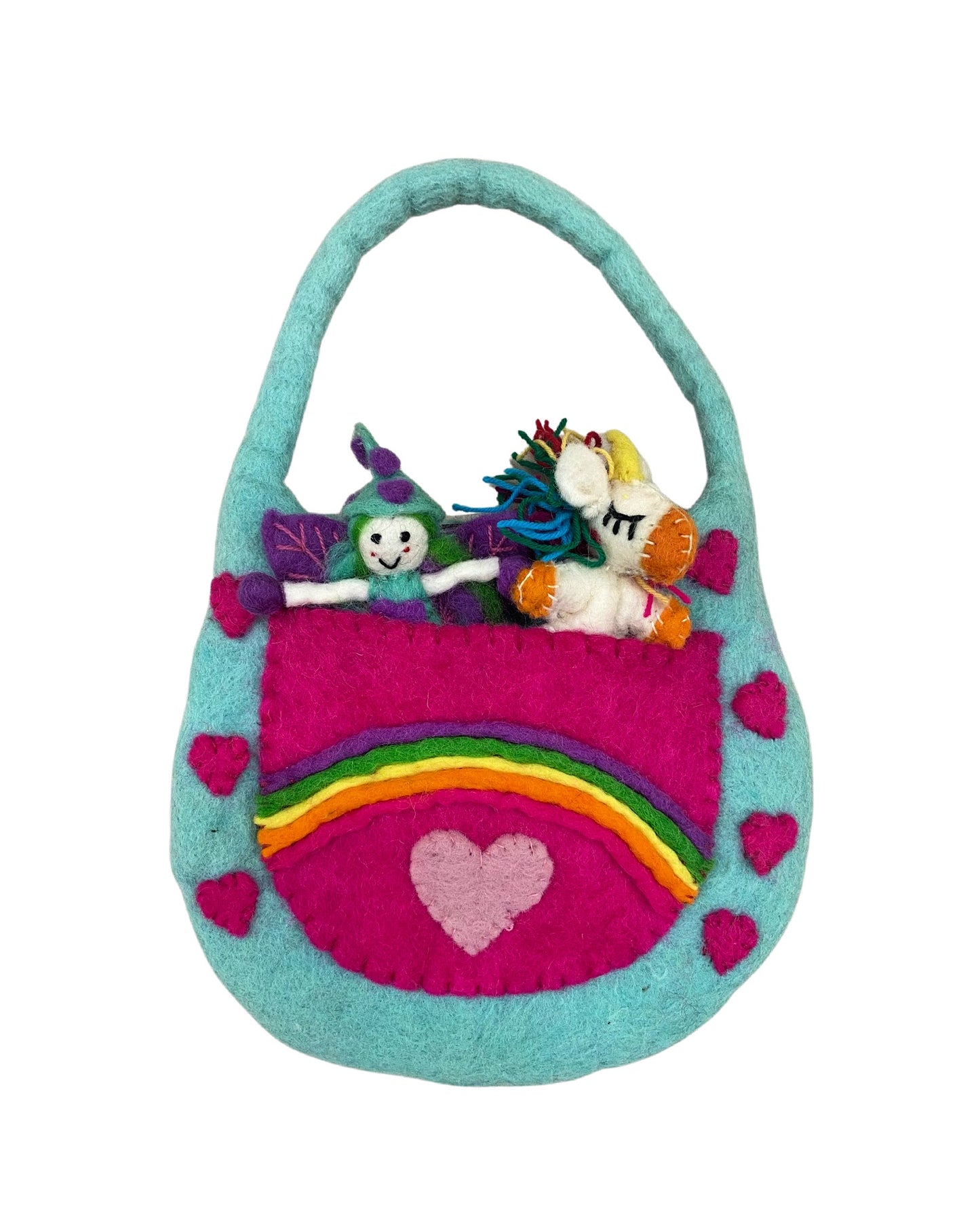 Colourful felted bag for toddlers with rainbow colours, hearts and a small doll
