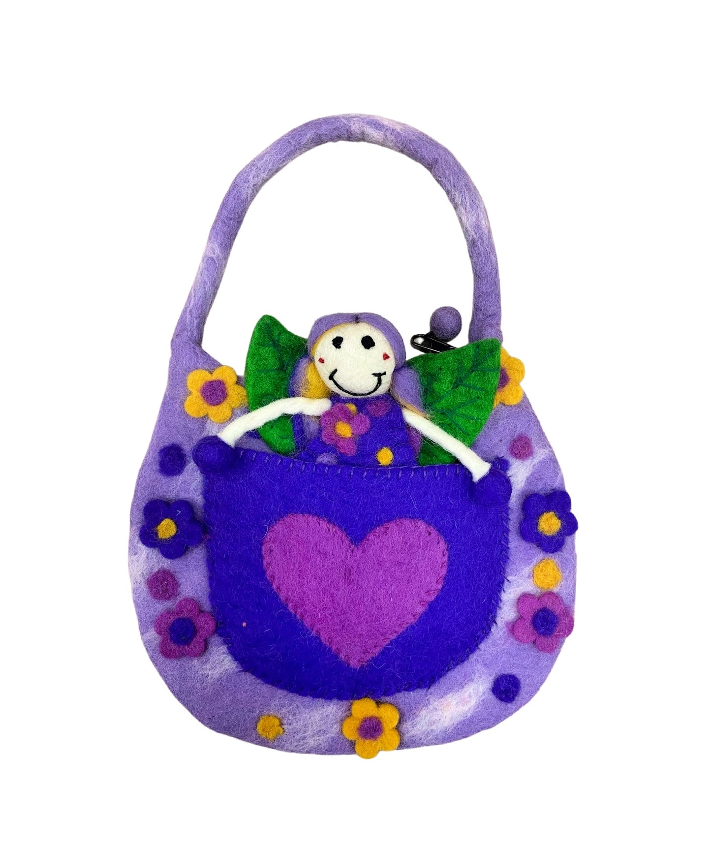 Purple felted bag for toddlers with a large heart in the middle and comes with a doll