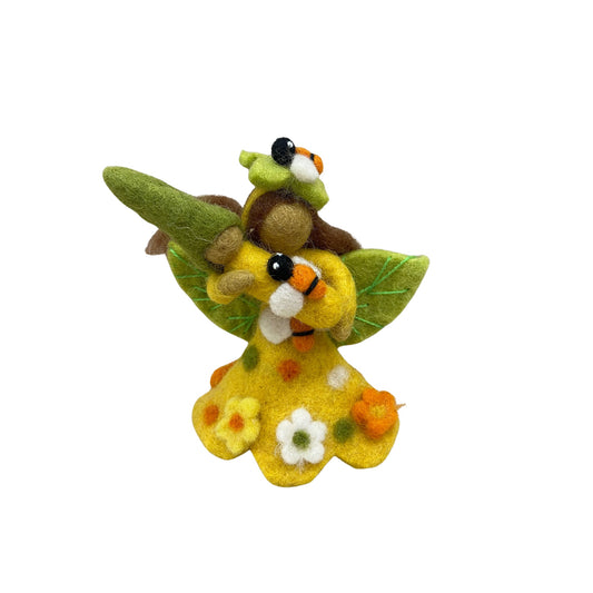 Yellow mother and child felted doll with green wings and sewn on flowers