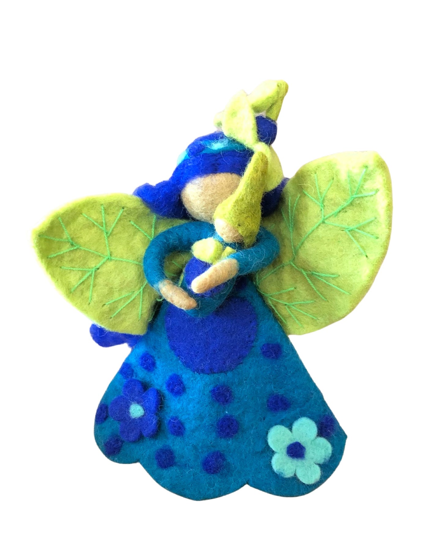 blue felted mother and child doll with green wings