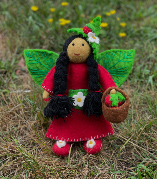 handmade fairy doll strawberry- in red gown and carrying a basket, from Himalayan Felt Co.