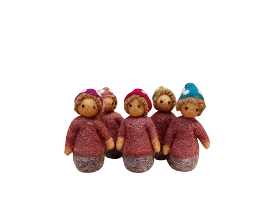 A set of 5 felt dolls- mushroom kids each with their own coloured has, from Himalayan felt Co.