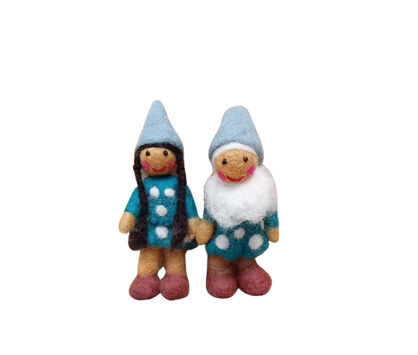 A pair of felt ed toydolls: mushroom elves in blue, from Himalayan felt co