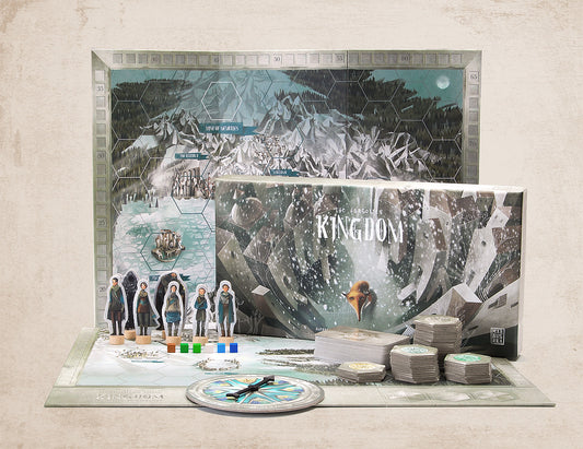 The forgotten kingdom: board game for teenagers with cover featruring a lone fox in snow among crowded houses
