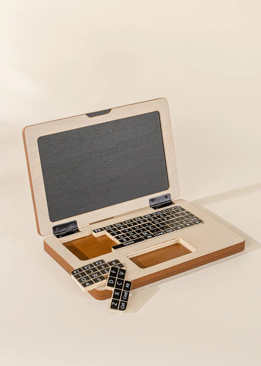 Wooden toy laptop with puzzle keyboard and chalkboard screen